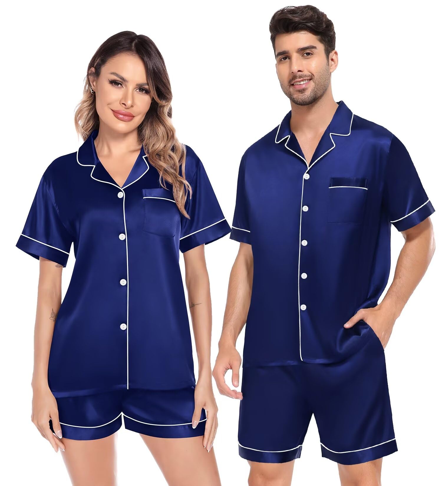 Conjunto De Pijama Swomog Satin Couple Silk Button Down Azul Marinho