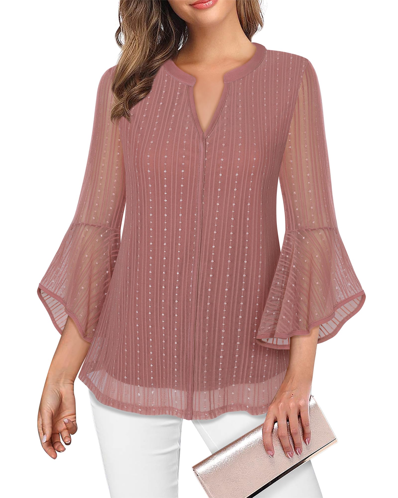 Blusa Feminina Valolia, Elegante, Com Babados, Manga De Sino, Rosa