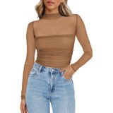 Top Zeagoo Feminino Simulado Com Gola De Tartaruga, Manga Comprida, Malha Transparente