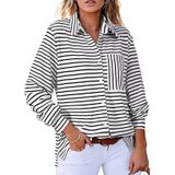 Camisa Feminina Elegante Listrada Com Botões E Decote Em V De Manga Comprida