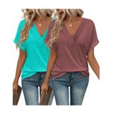 Blusa Yemuse Yemuse, 2 Peças, Manga Curta Feminina, Decote Em V, Sequoia