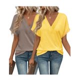 Camiseta Feminina Eymuse Com Decote Em V E Manga Curta, Casual De Verão