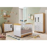 Quarto De Bebê Com Guarda-roupas 3 Portas Cômoda Com Janelas E Berço 100% Mdf Lena Espresso Móveis Branco Brilho/amêndoa