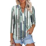 Camisa Polo Feminina Zhenwei Verde Listrada Com Manga 3/4 Com Decote Em V