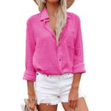 Camisa Feminina Aoudery De Algodão Com Botões, Manga Comprida, Rosa Choque, S