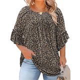 Blusa Feminina Micoson Plus Size, Manga 3/4 Com Babados, Preta Flo