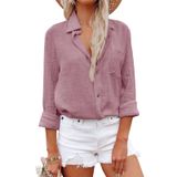 Camisa Feminina Aoudery De Algodão Com Botões E Manga Comprida — Camel