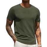 Suéter Masculino Coofandy, Gola Redonda, Manga Curta, Tricotado, Verde Militar