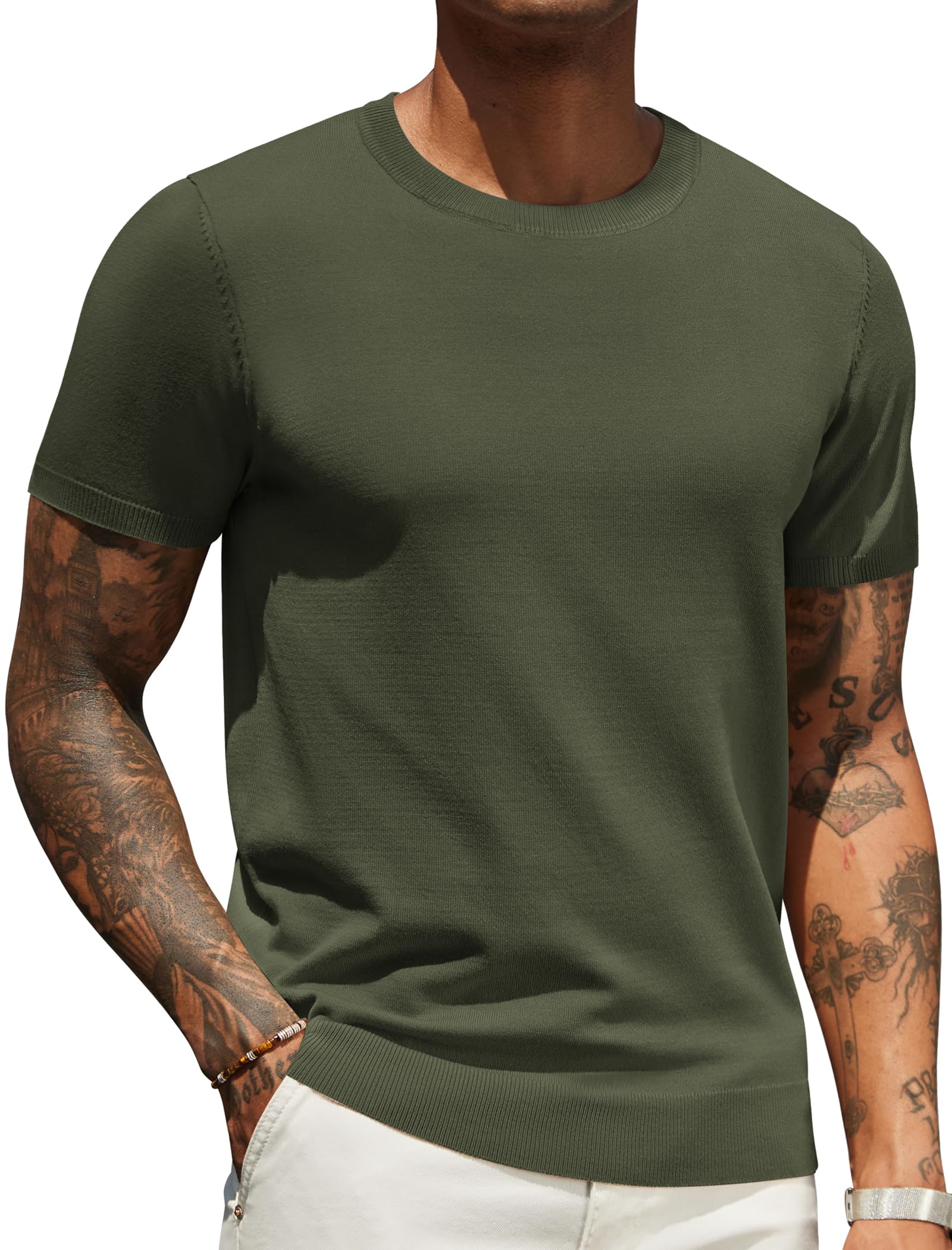 Suéter Masculino Coofandy, Gola Redonda, Manga Curta, Tricotado, Verde Militar