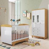 Quarto De Bebê Guarda-roupas 3 Portas Com Janelas E Berço Minicama 100% Mdf Lena Espresso Móveis Branco Brilho/amêndoa
