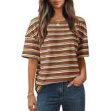 Camisa Feminina Merokeety De Verão De Manga Curta Listrada Rust