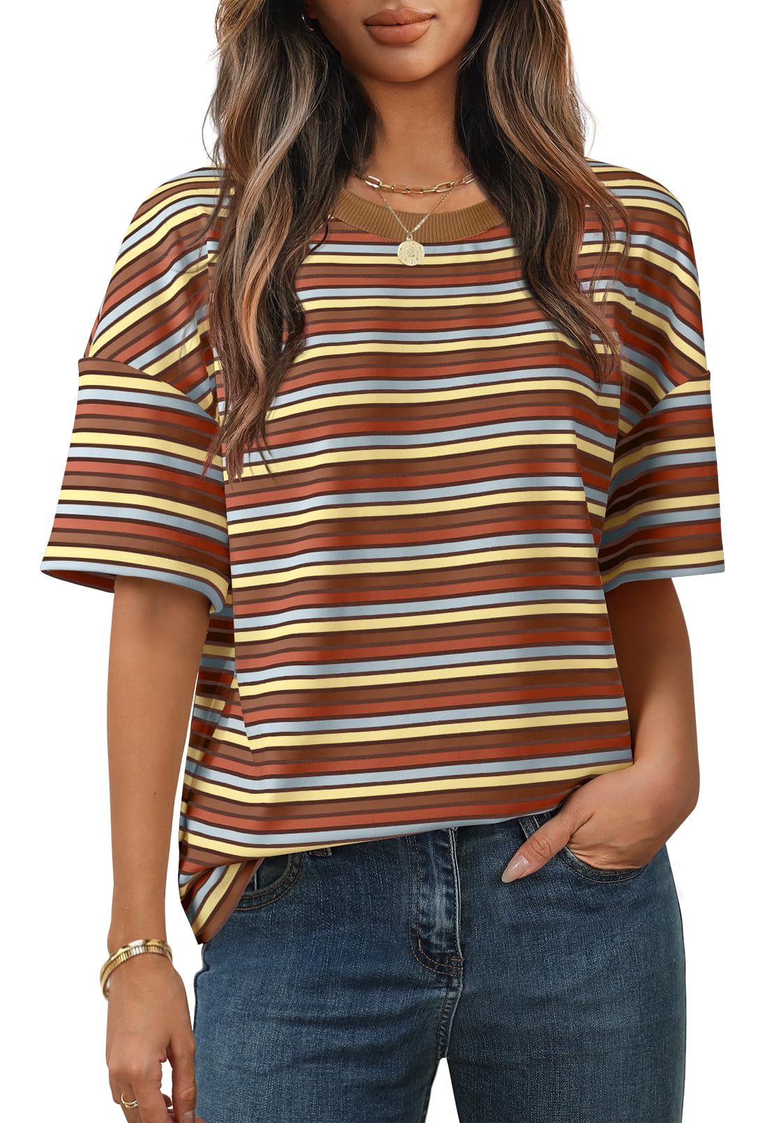 Camisa Feminina Merokeety De Verão De Manga Curta Listrada Rust