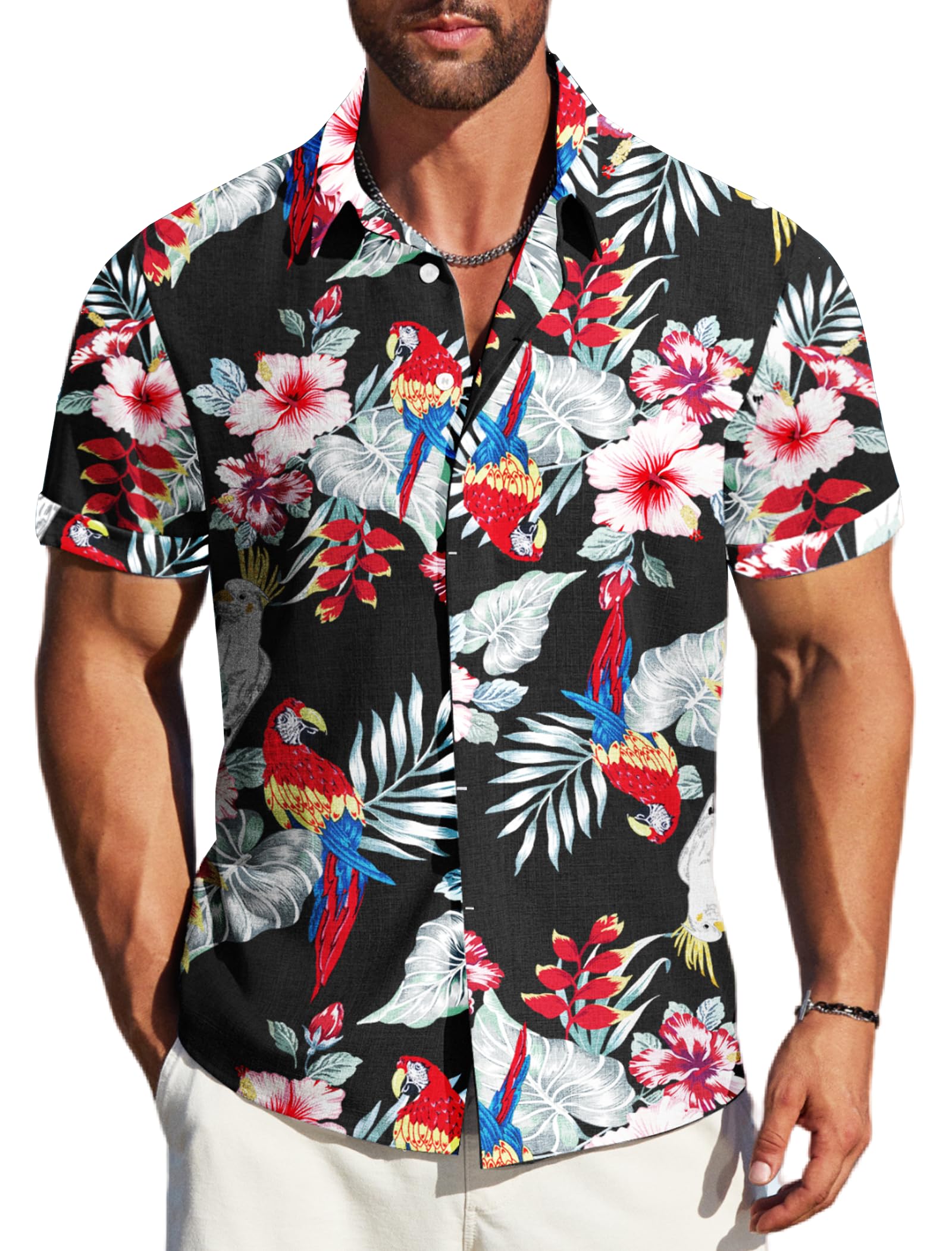 Camisa Masculina Mapick, Verão, Flor Tropical Havaiana, Preta, Xxl