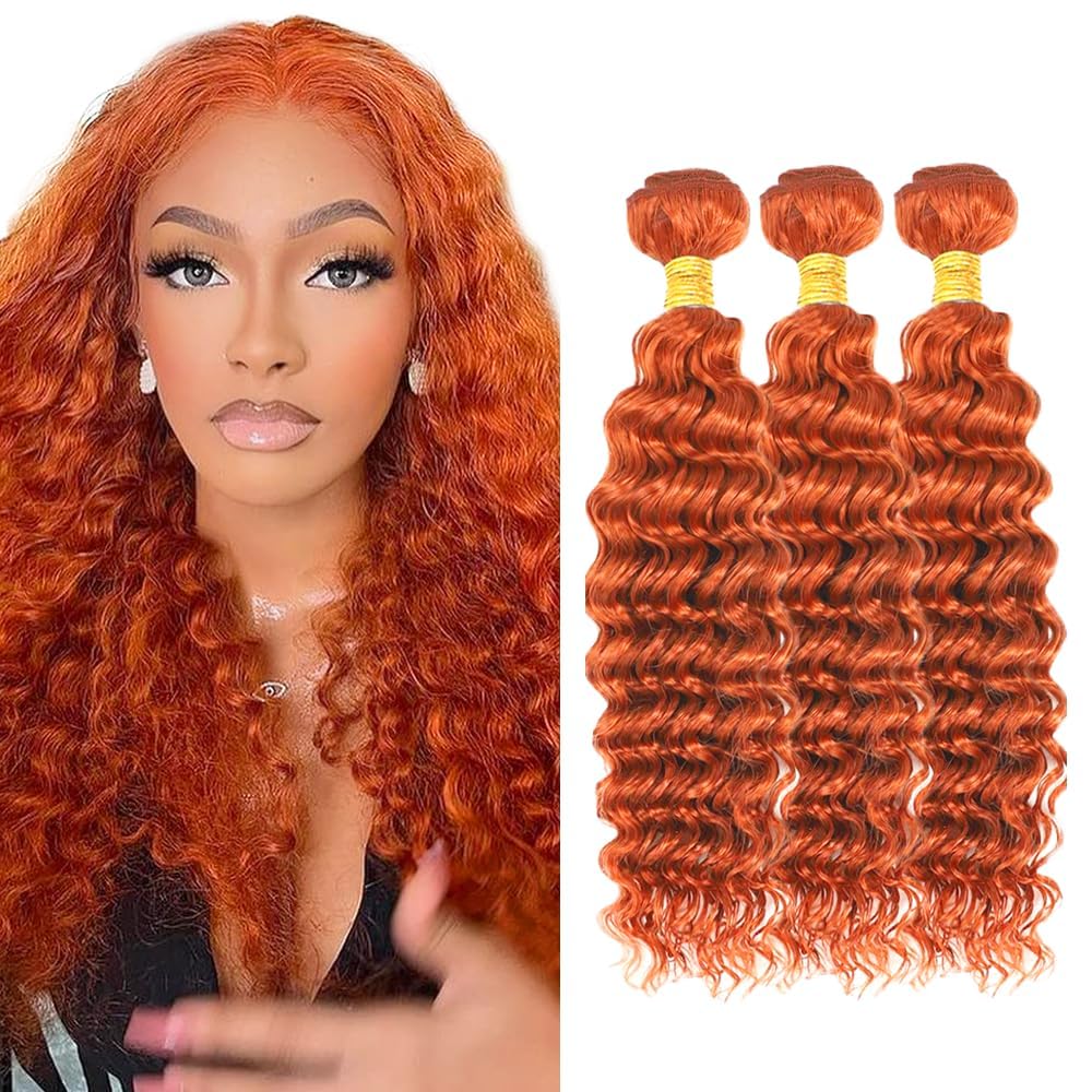 Pacotes De Cabelo Auokmar Orange Ginger Deep Wave 16" 300g 8a