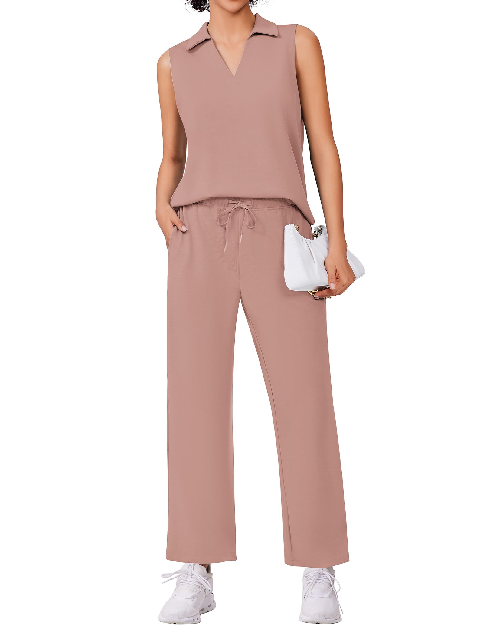 Conjunto De Lounge De 2 Peças Pinspark Feminino Sem Mangas Com Decote Em V Rosa