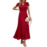 Vestido Maxi Prettygarden, Verão 2025, Moderno, Decote Em V, Vermelho Com Babados