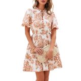 Vestido Feminino Btfbm Floral De Verão Com Decote Em V E Manga Curta Com Babado