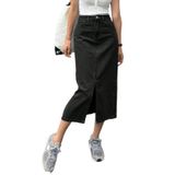 Saia Jeans Midi Dvaemalligo Para Mulheres Com Fenda Frontal Preta