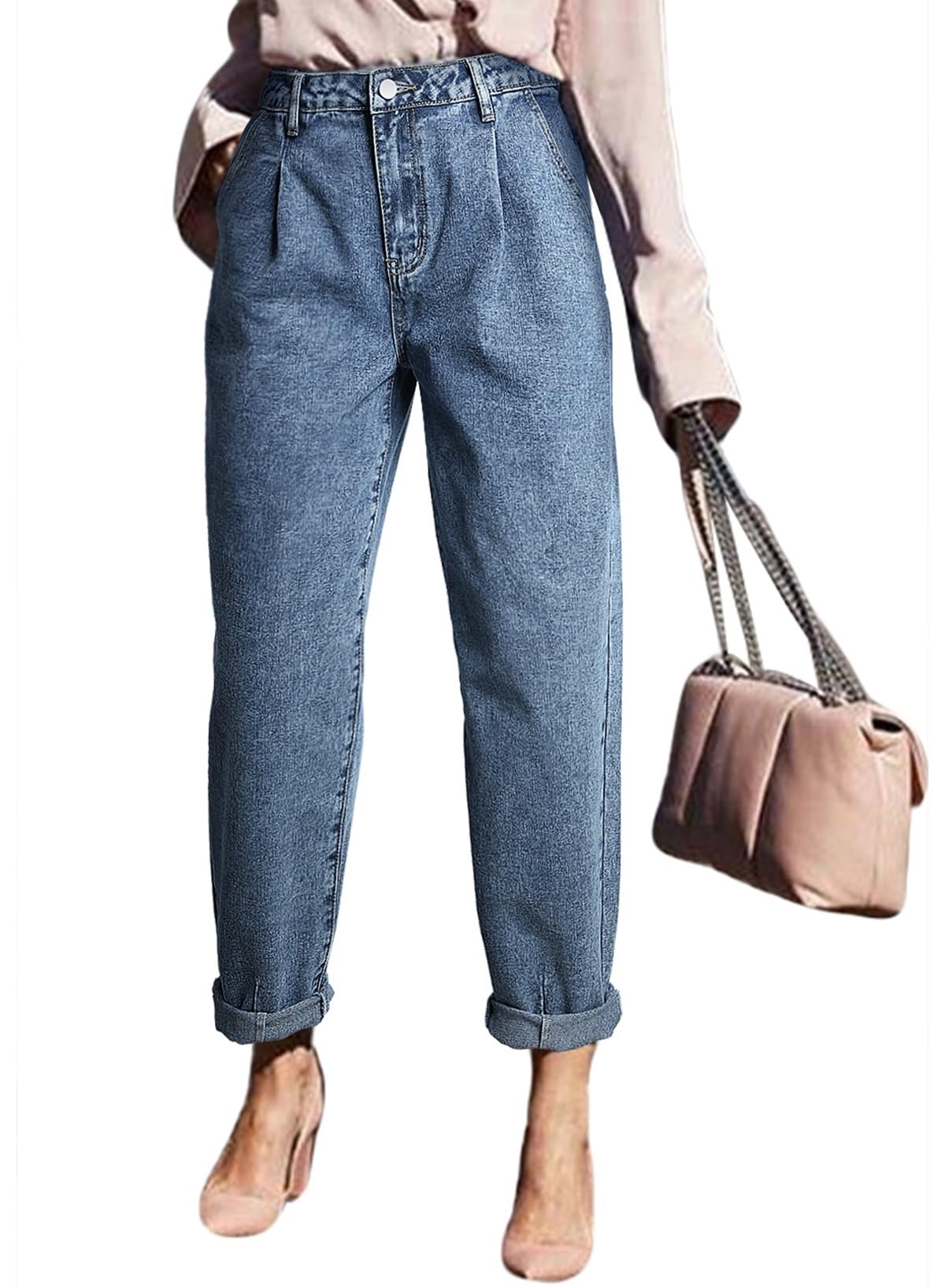 Jeans Estilosos E Modernos De Cintura Alta, Cortados Para Mamãe, Azuis 8