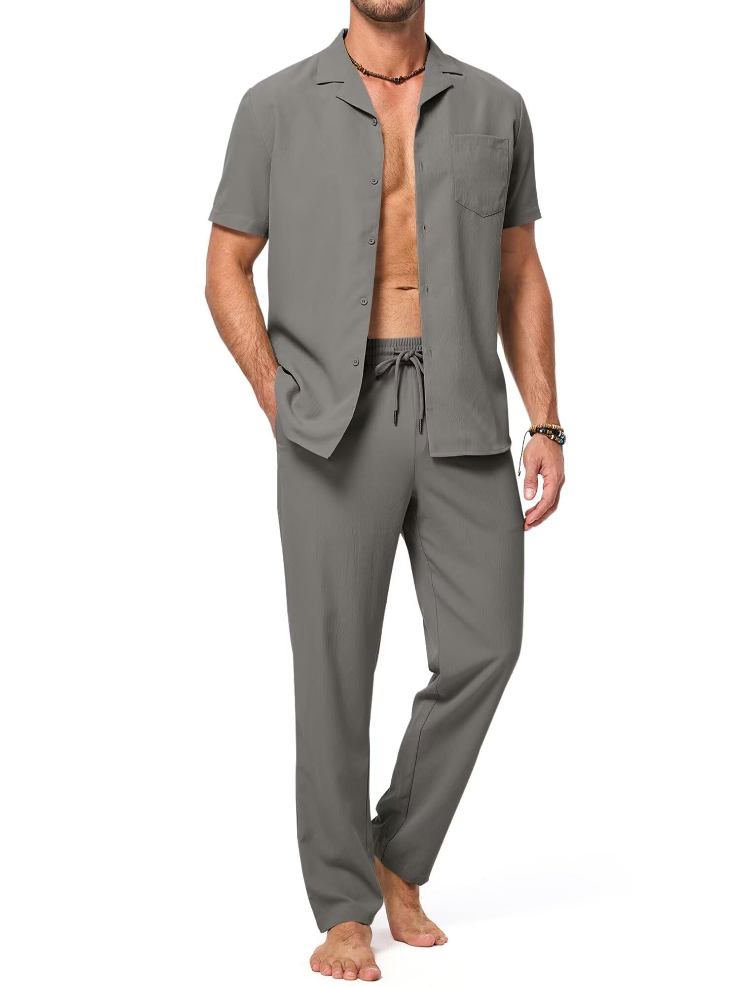 Roupa Masculina Dokotoo, Manga Curta, Linho, Cinza Escuro, S