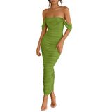 Vestido Feminino Prettygarden 2025, Verão, Sem Ombros, Verde Oliva