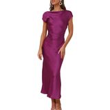 Vestido Gmeitoey 2025 De Cetim, Manga Curta, Capuz, Costas, Fúcsia