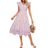 Vestido De Sol Floral Para Convidados De Casamento, Verão, Boho, Chiffon, Babados Casuais, Manga Curta, Formatura, Flores Rosa, Vestidos L