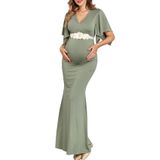 Vestido Maxi De Maternidade Aiswi Com Faixa Floral, Decote Em V, Verde Sálvia