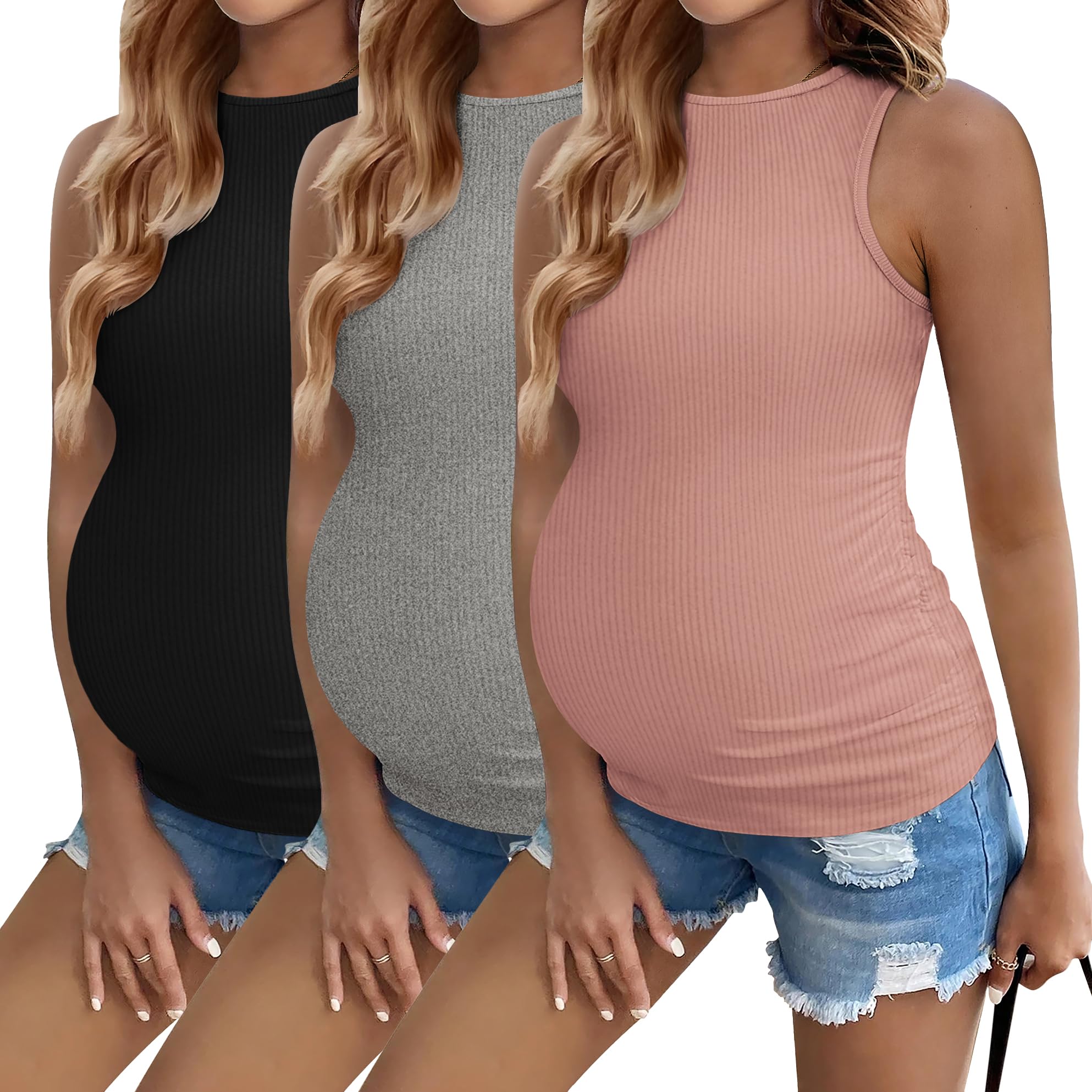 Camisetas Regatas Ekouaer Pregnancy Women, Pacote Com 3 Unidades, Maternidade De