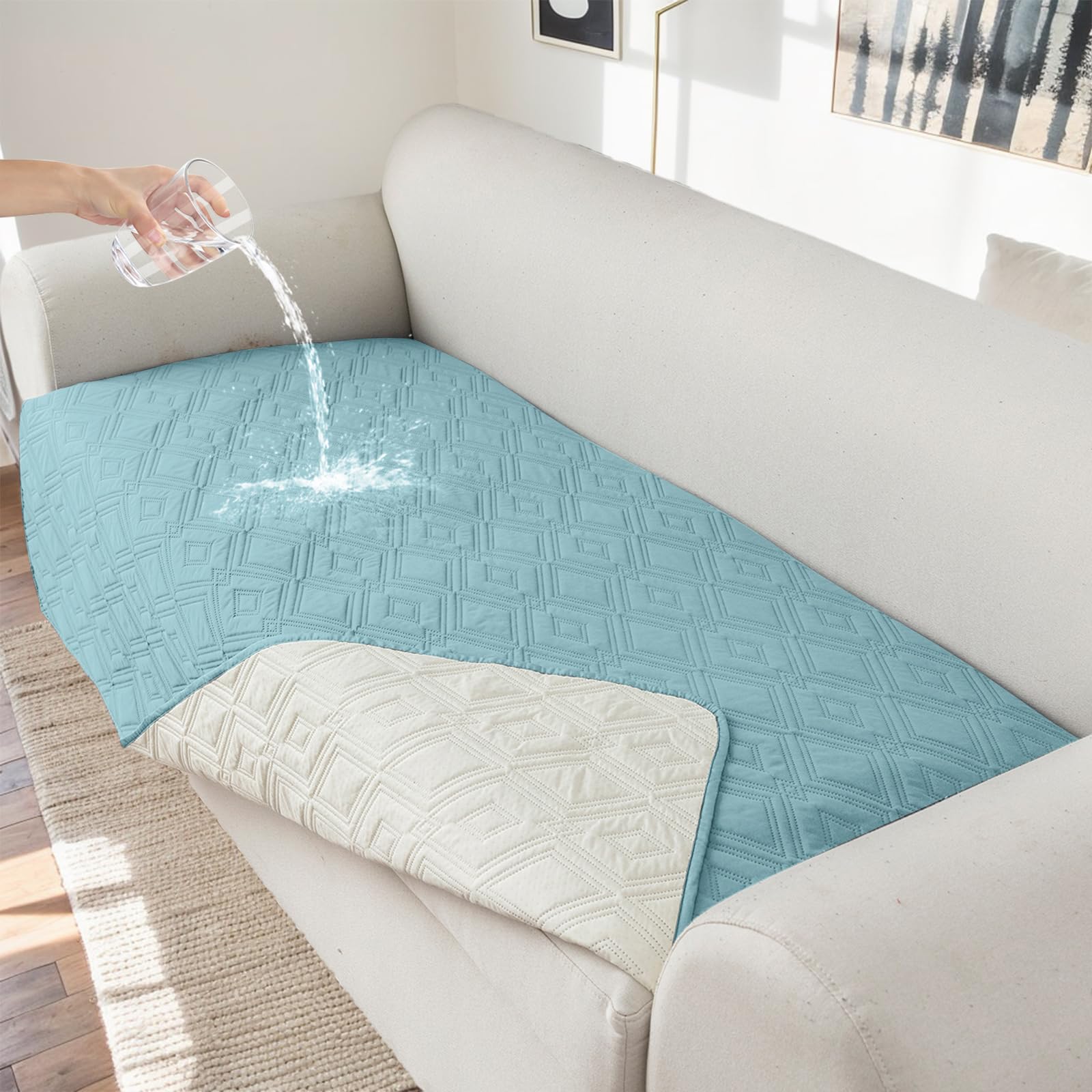 Capa De Sofá Genina 100% Impermeável Para Sofá De 4 Almofadas Azul Celeste