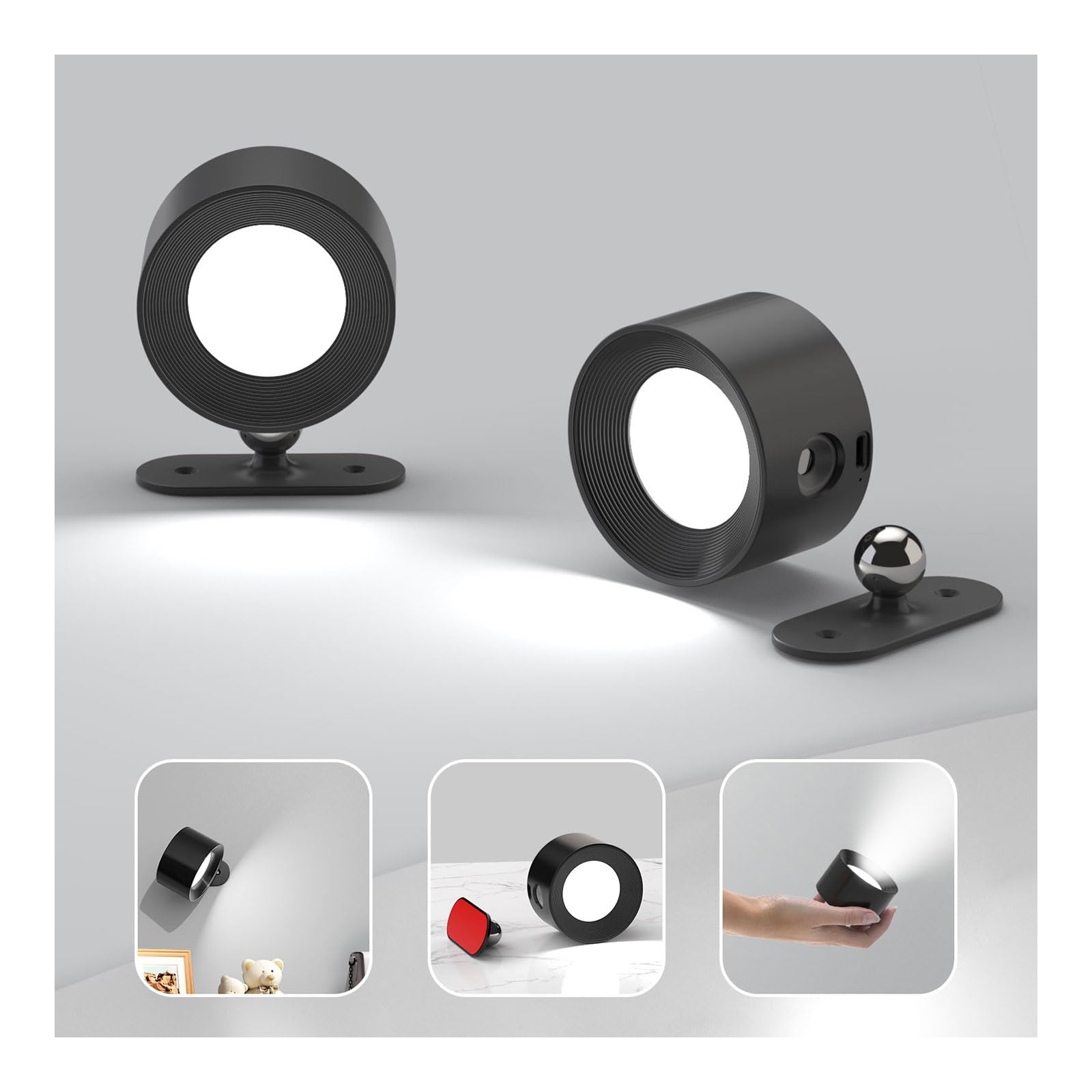 Lâmpadas De Parede Koopala 2pcs Led Recarregáveis 3 Brilhos Pretas