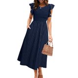 Vestido Feminino Simples Listrado Midi Summer Azul Marinho M