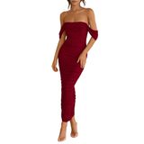 Vestido Feminino Prettygarden 2025, Verão, Sem Ombros, Vinho Tinto