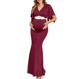 Vestido Maxi De Maternidade Aiswi Com Faixa Floral, Decote Em V, Cor De Vinho