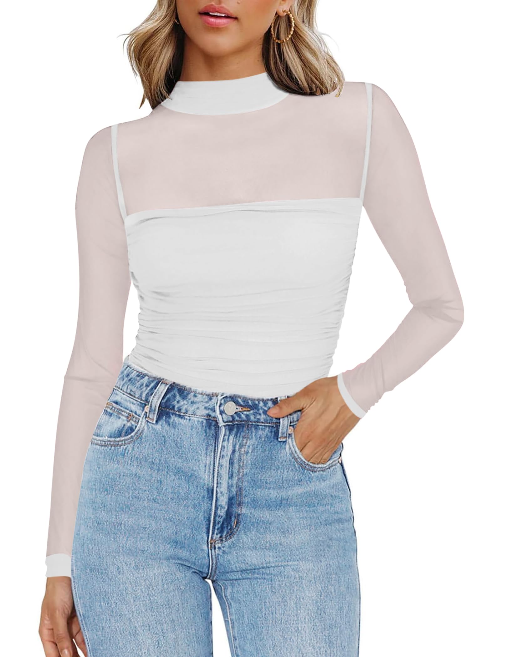 Top Zeagoo Sheer Mesh, Manga Comprida, Simulada, Gola De Tartaruga, Branca