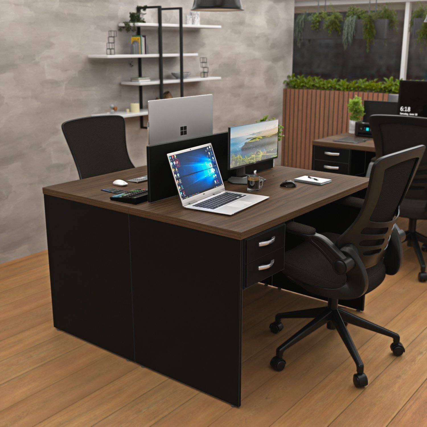 Estação Trabalho Plataforma 120x60 2 Lugares Com 2 Gavetas Nogal/preto