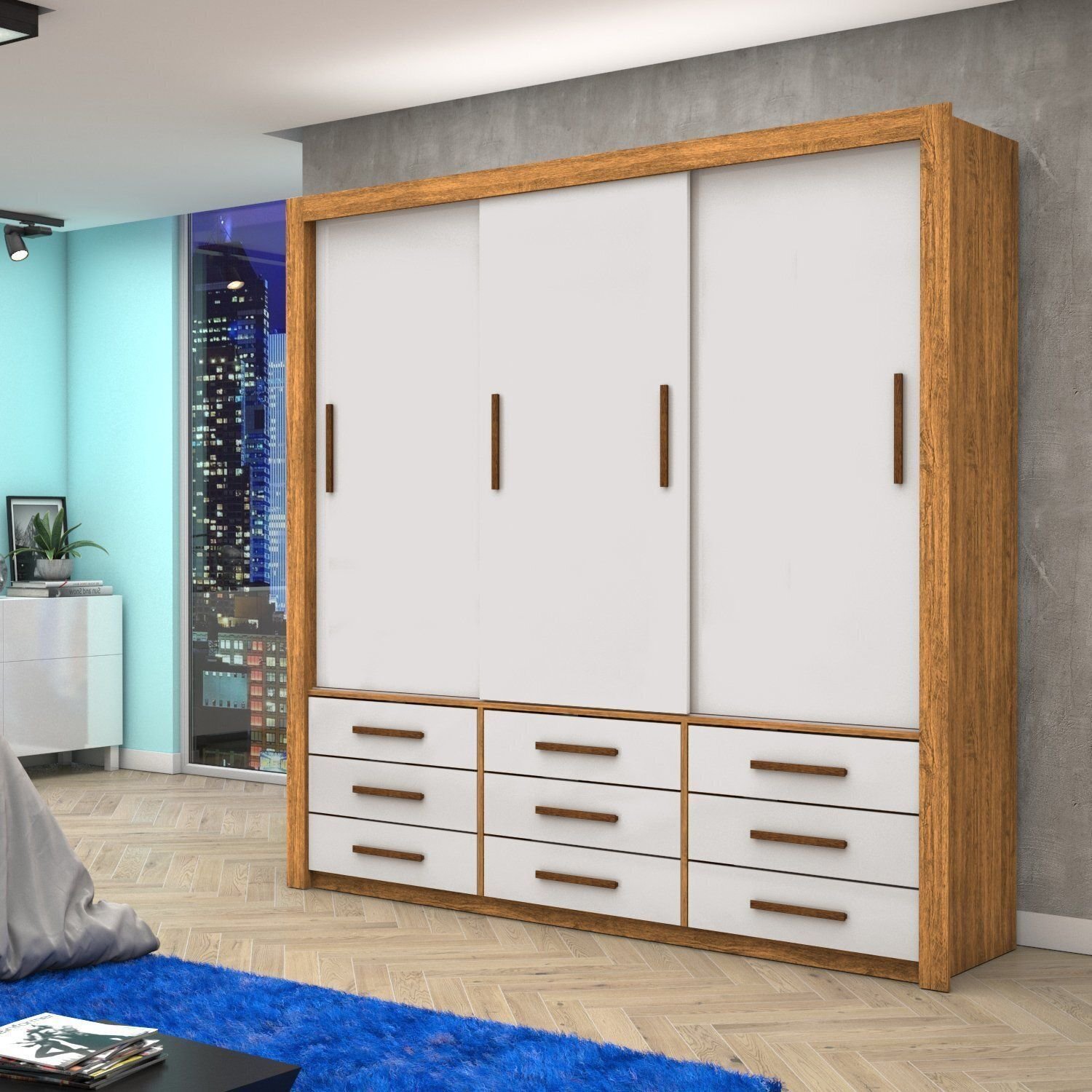 Guarda-roupa 3 Portas Correr 9 Gavetas Anjos Cinamomo/off White