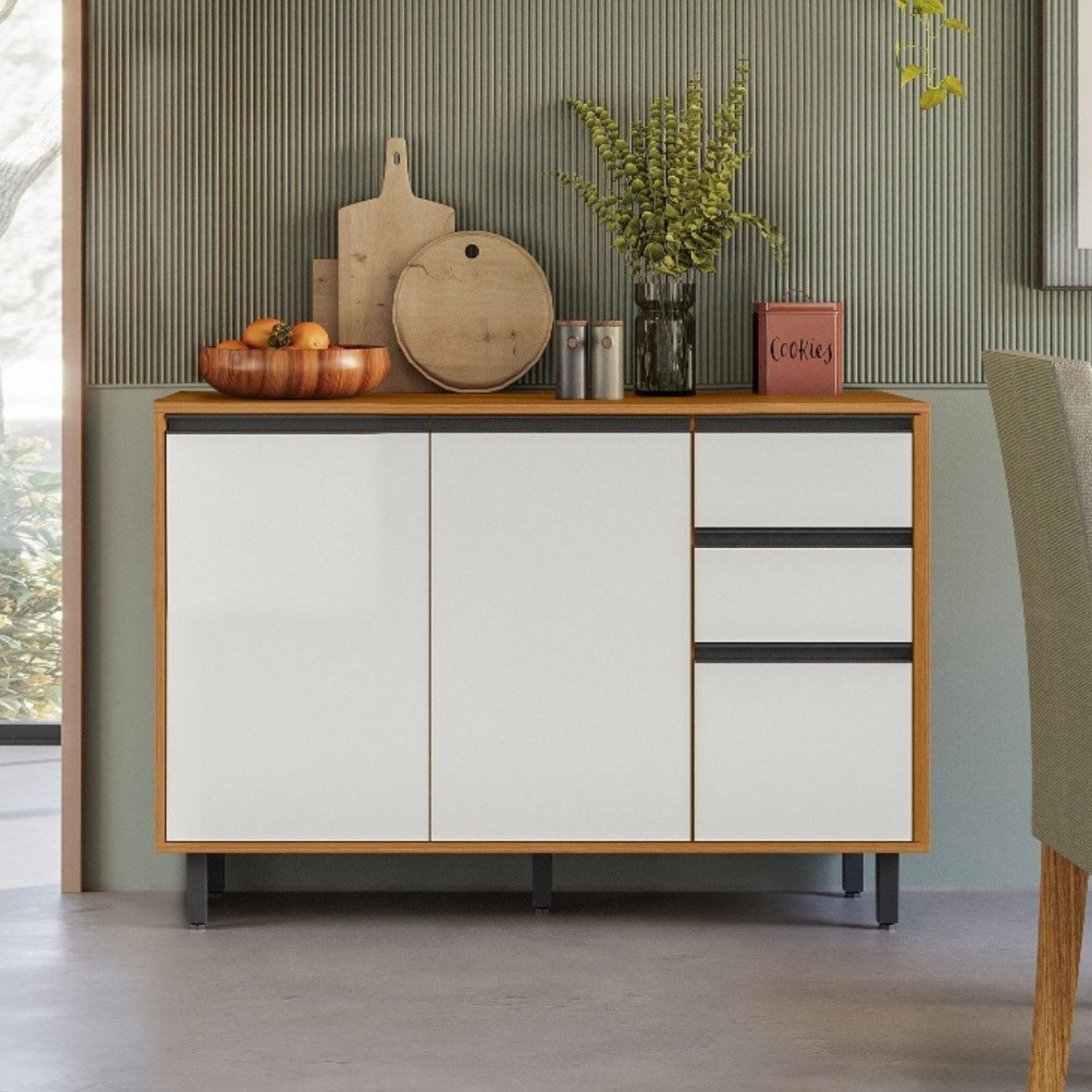 Balcão Para Cozinha 120cm 3 Portas 2 Gavetas Com Tampo Ravena Freijo/off Acetinado