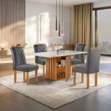 Conjunto Mesa Elis 120cmx90cm Com 4 Cadeiras Carolina Tampo Slim Plus Com Vidro Cinamomo/off White/cinza