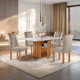 Conjunto Mesa Elis 120cmx90cm Com 4 Cadeiras Carolina Tampo Slim Plus Com Vidro Cinamomo/off White/bege Claro