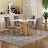 Conjunto Mesa Carolina 90cmx90cm Com 4 Cadeiras Carolina Tampo Dakota Plus Com Vidro Cinamomo/off White/bege Escuro