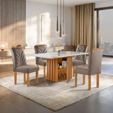 Conjunto Mesa Elis 120cm X 90cm Com 4 Cadeiras Carolina Tampo Slim Plus Com Vidro Cinamomo/off White/bege Escuro