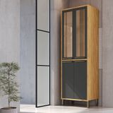 Paneleiro Duplo Com 4 Portas E Vidro Reflecta 100% Mdf Vicenza Espresso Móveis Amêndoa/cinza
