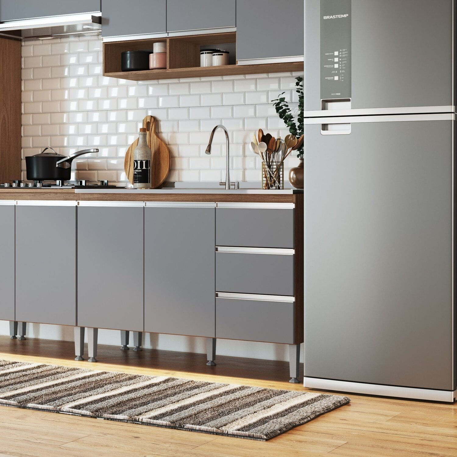 Balcão De Pia 3 Gavetas 2 Portas Athena Freijó/cinza