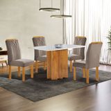 Conjunto Mesa Lorena 120cmx80cm Com 4 Cadeiras Celeste Tampo Londres Com Vidro Cinamomo/off White/ Bege Escuro