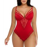 Macacão Popilush Lace Com Decote Em V Tummy Control Shapewear Vermelho Gg