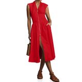 Vestido Wenrine Summer Smocked Midi Com Decote Em V, Manga Curta, Vermelho