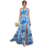 Vestido De Dama De Honra Rsoetoo 2025 Com Decote Em V Floral Azul Chiffon
