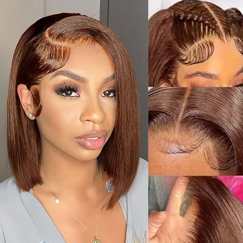 Peruca Amzhair Chocolate Brown Bob Human Hair 30 Cm Na Frente