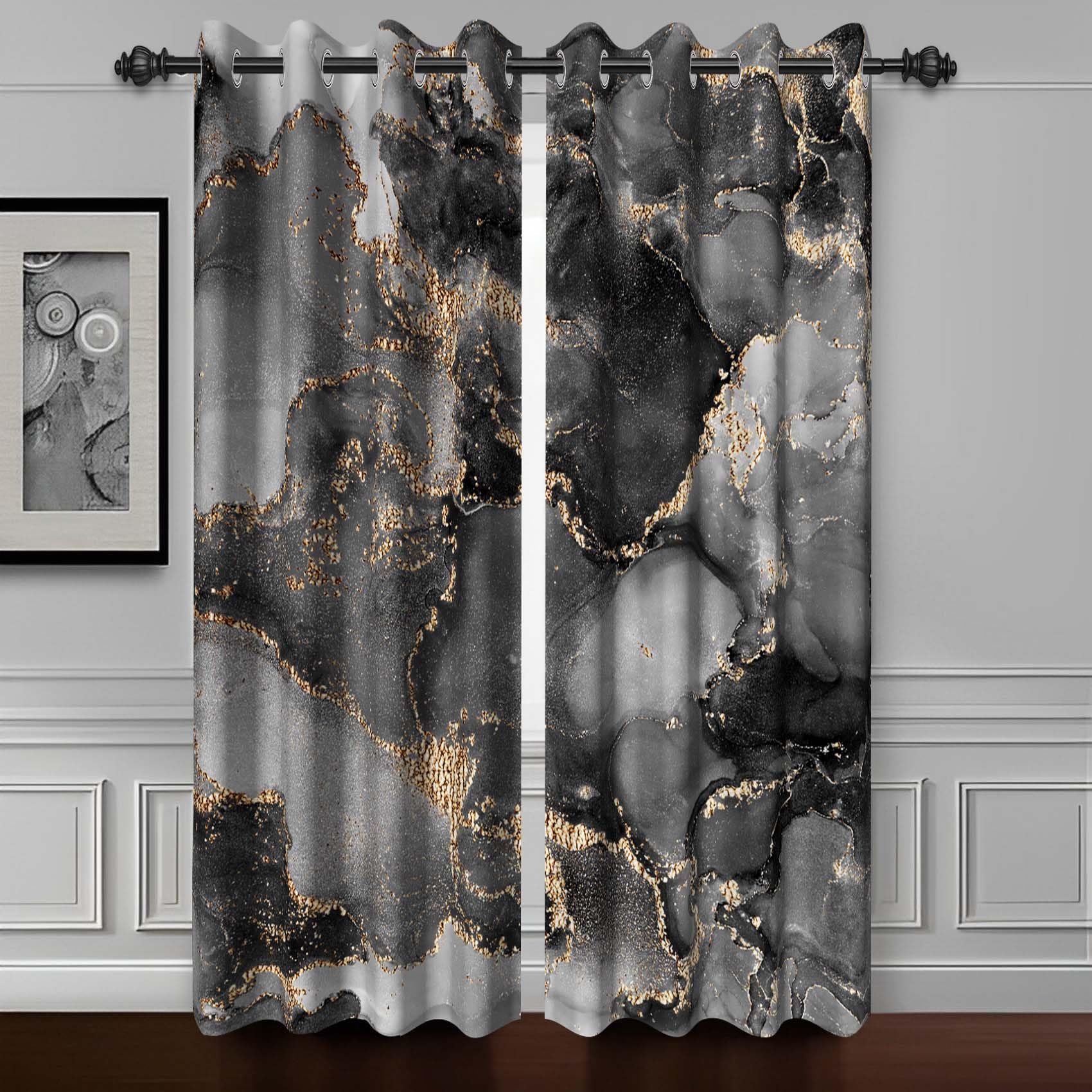 Cortinas De Janela Baocicco Black Gold Marble 80x230cm 2 Painéis
